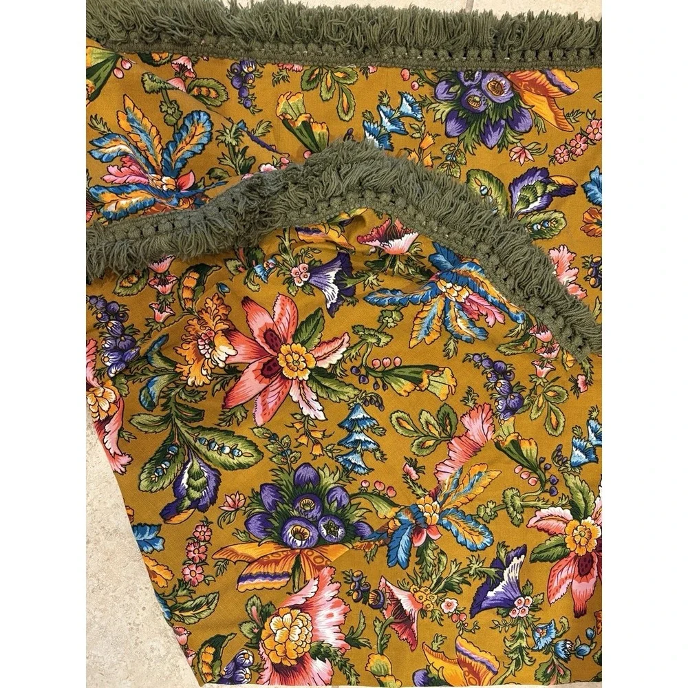 Vintage Retro Fringe‎ Tablecloth 1970 green 44X56 floral colorful!